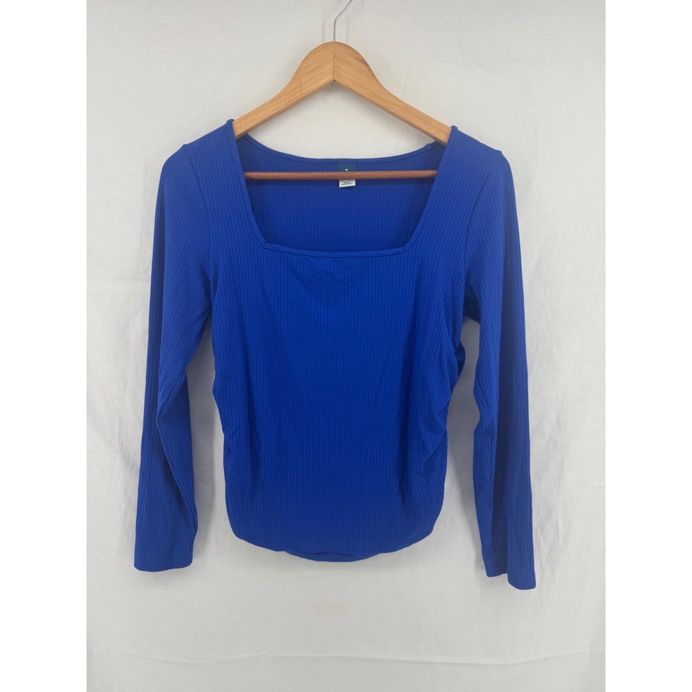 Old Navy Womens Blue Ribbed Square Neck Ruched Long Sleeve Top Size M